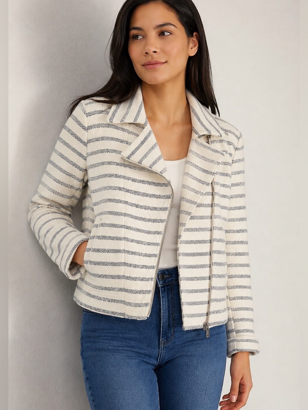 BCBGMAXAZRIA Striped Knit Moto Jacket Cream Navy Cotton Textured Zip Front Small